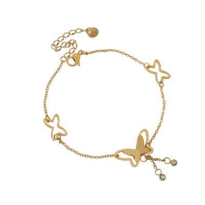 China Nickel Free Lead Free Fashion Korean 18K Gold Plated CZ Titanium Steel Tassel Bracelet Anklet Butterfly Titanium Steel Anklet Chain for sale