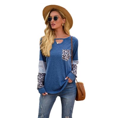 China Anti-Wrinkle Women Sweatshirt Autumn T-shirt Stripe Leopard Patchwork Summer Casual Sweatshirt Long Sleeve for sale