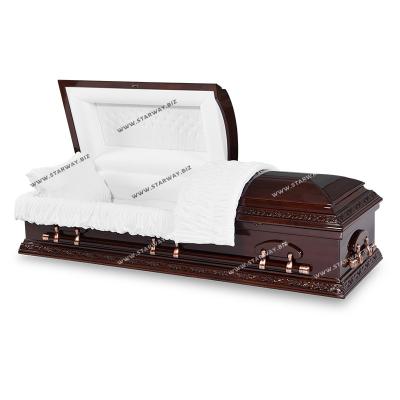 China Exquisite Factory Offer American Starway Style China Funeral Supplier Carved Styles American Solid Poplar Coffin Casket Discount Wooden Casket for sale