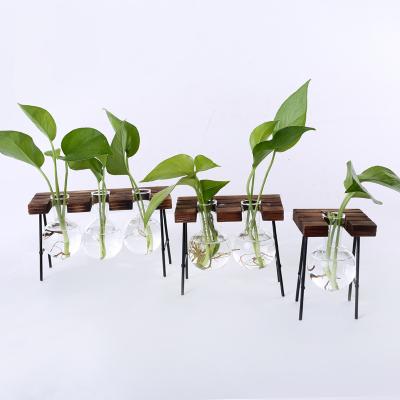 China Modern Indoor Wooden Glass Vase Planter Light Bulb Air Stand Ornaments Mini Clear Glass Plants Greenhouse for sale