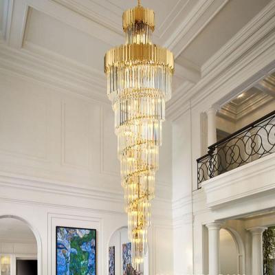 China Elegant minimalist K9 gold metal staircase hanging decorative led luxury clear crystal chandeliers and modern pendant lights for sale