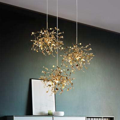 China Modern Nordic Metal Hotel Decorative Office Stainless Steel Rings Leaf Chandeliers Led Gold Color Pendant Lamp for sale