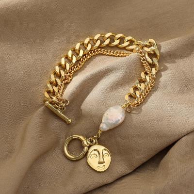 China Flexible Multilayer Real 14K Gold Plated Face BraceletsJewelry Gifts Gift Pearl Bracelet Dangle Chain For Women for sale