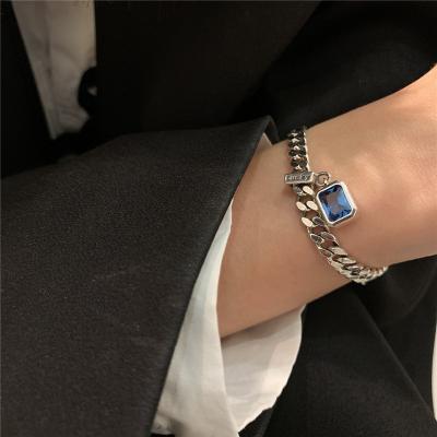 China Big Blue Cuban Link Durable Punk Faux Stone 925 Sterling Silver Zircon Thick Crude Bangle Women Birthday Jewelry Gift Bangles for sale