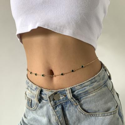 China Aesthetic Fashion Flexible Sexy Vintage Belly Chain Green Crystal Thin Link Waist Chain Streetwear Jewelry Body Chain For Women for sale