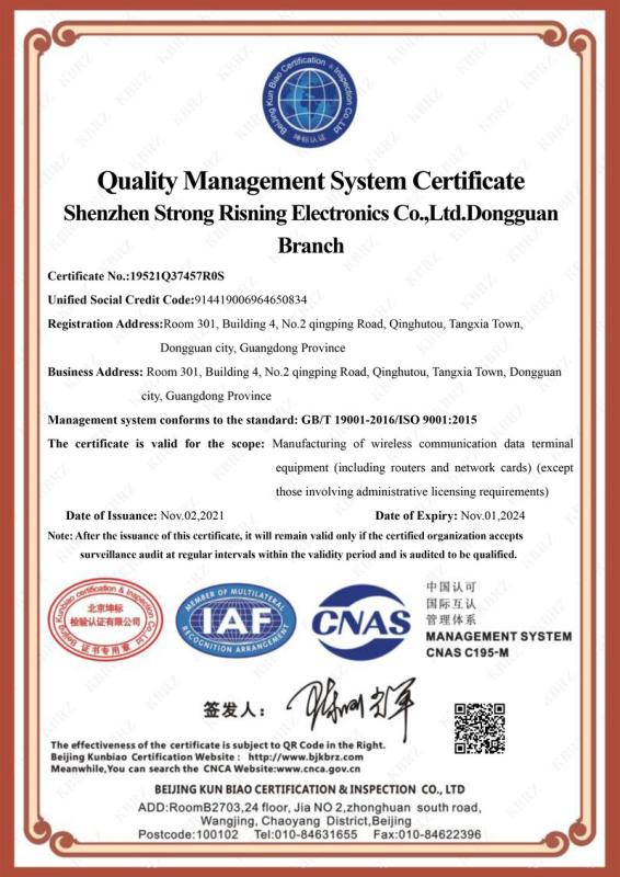 ISO9001 - Shenzhen Strong Rising Electronics Co., Ltd. Dongguan Branch