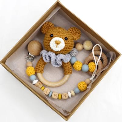 China Wholesales Washable Customized To Crochet Handmade Cute Animal Rattle Toy Elephant Rabbit Crafts Wooden Ring Teether Rattle Toys Set for sale