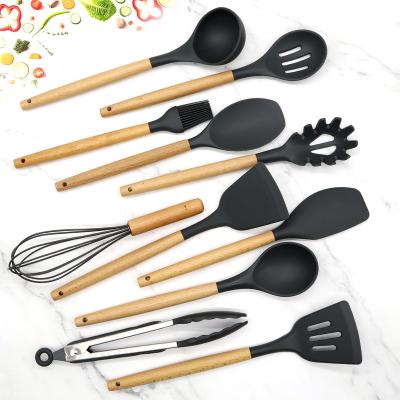 China 11 Pieces Viable Silicone Home and Kitchen Accessories Other Tools Kitchen Tableware Silicone Cooking Utensils with Wooden Handles for sale