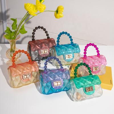 China Cross - Body New Product Cute PVC Mini Jelly Bag Gradient Rhombic Pearl Shoulder Bag Purse Chain Handbag For Girls for sale