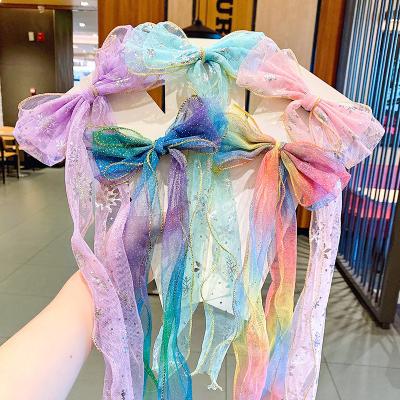 China MSYO Amazon Hot Sale Environmentally Friendly Net Yarn Star Princess Printing Bow Accessories Rainbow Gradient Soft Long Hair Clip For Kids for sale