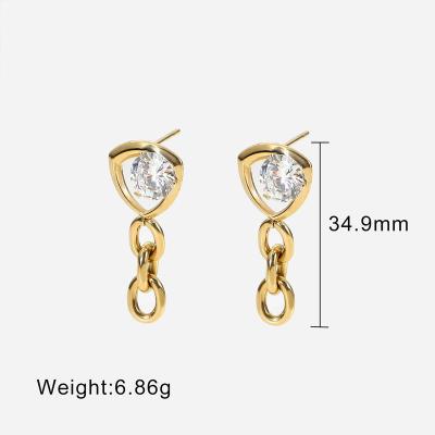 China ISS Environmental Friendly Popular 14K Gold Hollow Triangle Inlaid White Round Zirconium Three Oval Dangle Chain Earrings for sale