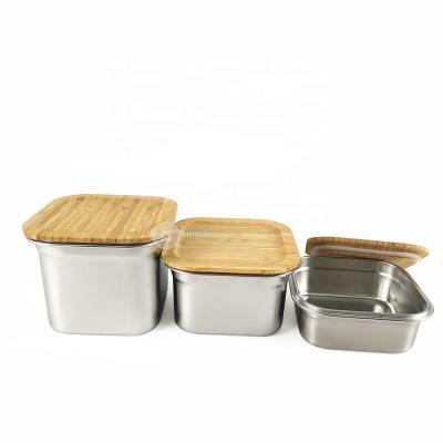 China 2020 Square Bamboo Freshness Preservation Lid Storage Container 304 Stainless Steel Bento Box For Kids for sale