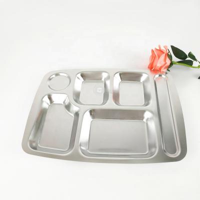 China Sustainable Indian Metal 6 Compartment Rectangle Dish Thali Stainless Steel Dinner Plate Dinner Thali Tray for sale