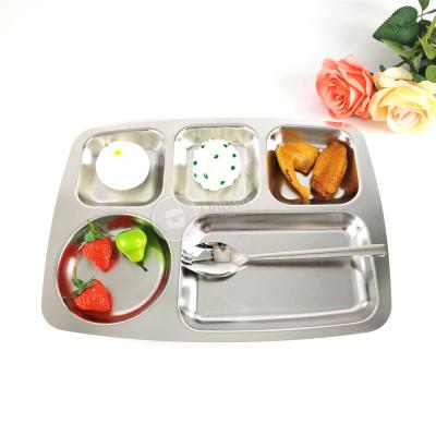 China Sustainable Silver Color Stainless Steel 5 Compartment Dishes / Thali For Camping Metal Mess Tray For Kids for sale