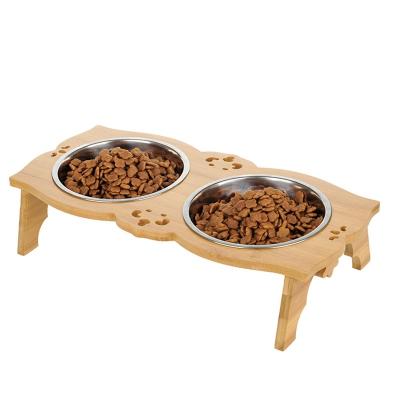 China Sustainable Cheap Bamboo Pet Raised Double Feeders Bowls Pet Food Bowl for sale