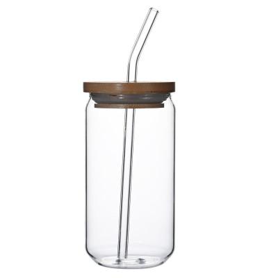 China High Sale 16oz Juice Iced Coffee Soda Shaped Amazon Borosilicate Glass Coke Beer Glass Canister Gradient Woody Color With Bamboo Lid for sale