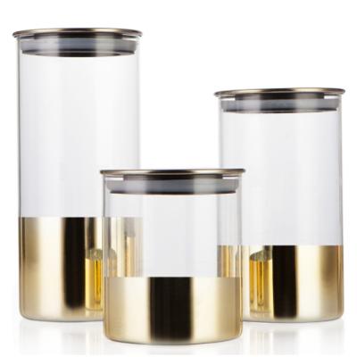 China Heatable Candy Glass Box Jar Glass Spice Jar For Decoration Gold Glass Storage Airtight Jar With Stainless Lid for sale