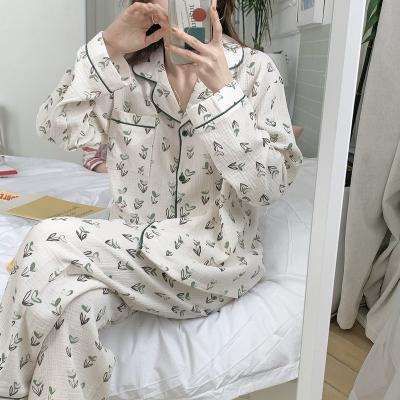 China Leaf Print Pajamas-Cotton QUICK DRY Regenerative Korean Pajamas Set Long Sleeve Pajamas Women Nightgowns for sale