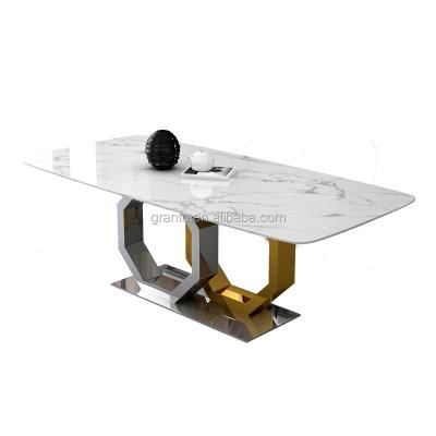 China Modern Design Easy Clean Restaurant Dining Frame Marble Metal Table Set Long Top Home Use for sale