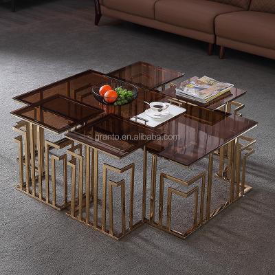 China (Other) modern style adjustable living room stainless steel coffee table set with glass top indoor table for sale