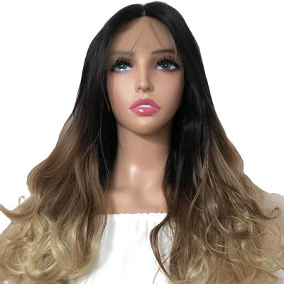 China Body Wave Long Silky Wavy Curly 13*4 Lace Front wigs 3T dark roots Mixed Colour  Tied Lace For Women's for sale