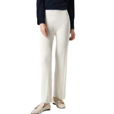 China 2021 New Fashion Anti-Static Flare Wide White Customs Ribbed Knit Long Pants 100% Pure Cashmere Warm Pants For Women for sale