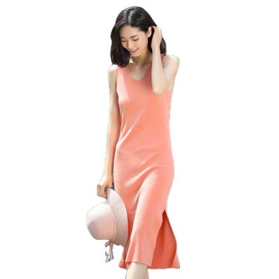 China Custom Made Anti-wrinkle 2021 Summer Knitted Long V-Neck Sleeveless Midi Dress Knit Dress For Women for sale