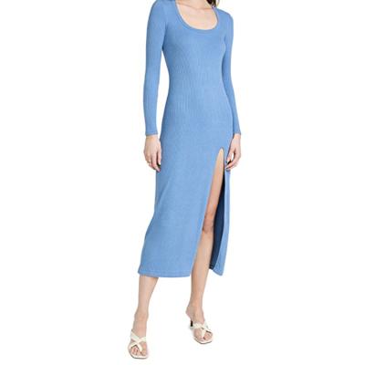 China 2022 New Style Anti-Static Custom Knitted Sexy Dress O-Neck Side Low Split Bodycon Casual Dress For Women for sale