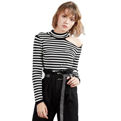 China 2021 Customs Fashion Round Neck Anti-Shrink Long Sleeve Slim Striped Off Shoulder Knit Sweater For Women for sale