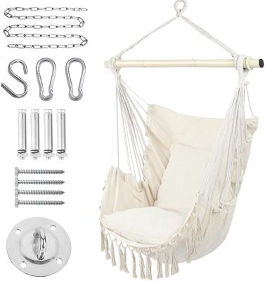 China Durable Outdoor Indoor Hammock Chair with Macrame Lace Fringe Tassel and Steel Spreader Bar with Pillow and Pocket for sale