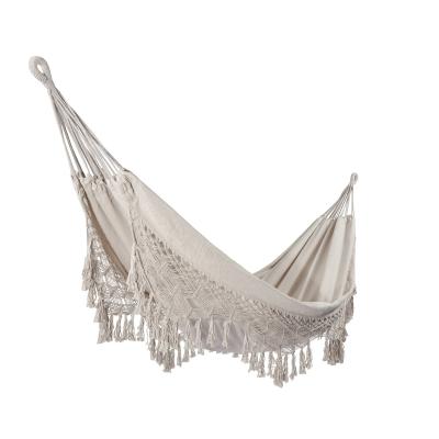 China Life Indoor Outdoor White Cotton Hammock With Macrame Lace Fringe Tassel for sale