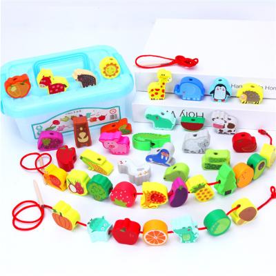 China 2022 New Hand-on Skills Training Fruit Wooden Animal Model Threading Beads Toy For Kids Mwz-023 for sale