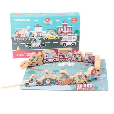 China 2022 NEW cartoon traffic vehicle knowledge educational wooden toy thread string puzzle beads toys for children for sale