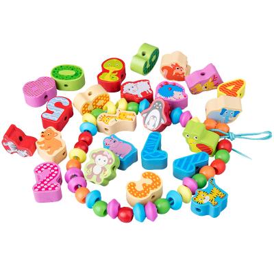 China Custom Whole Sale DIY Hand-on Skills Wooden Colorful Digital Threading Beads String Toy For Children Xjydz-015 for sale