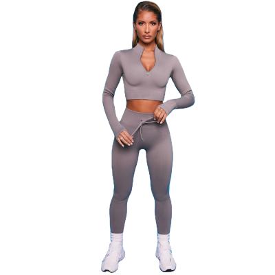 China 2 Piece Seamless Zipper Sports Fashion Breathable Wholesale Sportswear Long Sleeve Fit Suit Women Yoga Running Set for sale