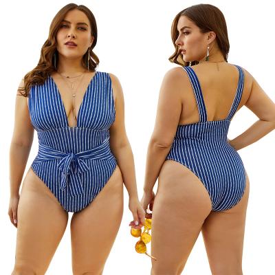 China Women Breathable One Piece Sexy Blue Bikini Printing Bandage Plus Size V-Neck Swimwear Swimming Wear for sale