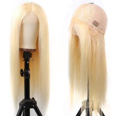 China Soft Straight Cheap Price 100% Brazilian Hair Color T Part Straight Blonde Lace Wig for sale