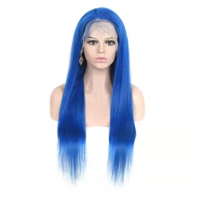 China 100% Malaysian Hair Shiny Blue Color 13*4 Lace Front Straight Transparent Wigs for sale