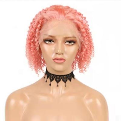 China Softly Smooth Most Popular100% Brazilian Hair Color 13*4 Curly Pink Transparent Lace Front Wig for sale