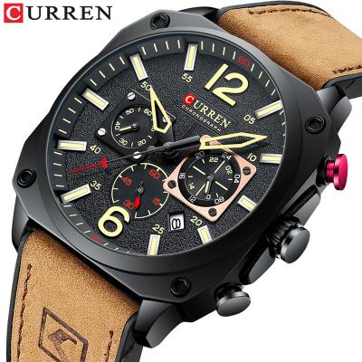 China Luxury Quartz Wristwatches Male Curren Day/Date Brown Square Quartz Wristwatches Mens Chronograph Dial Leather Clock 8398 Luminous Sports Watch for sale