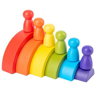 China 6Pcs Wooden Rainbow Building Stacking Blocks Montessori Toy with 6pcs Wooden Doll for Stacking Wooden Educational Toy for sale