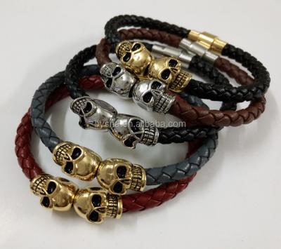 China Wholesale Men's Wrap Leather Bracelets Double Shaped Genuine Leather Bracelets Men's Head Skull Wrap Bracelet for sale