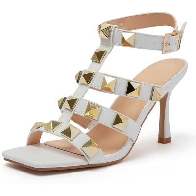 China Fashion Trend Customized DIY Logo Women's Pyramid Studded High Heel Strappy Sandals Made in China for sale