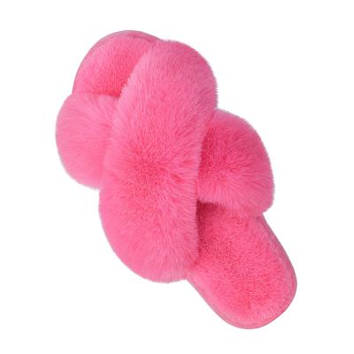 China Cushioning Breathable Prohibition Slippers Plush Faux Rabbit Slip Outdoor Warm Comfortable Furry Soft Criss-Cross Fur for sale