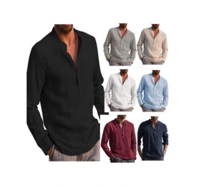 China Hot Sale Men's Long Sleeve Breathable V-Neck Casual Beach Linen Shirt For Men for sale