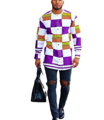 China 2022 Hot Sale Anti-pilling Ethnic Style Fashion Printed Long Sleeve Plaid Straight Casual Shirt Plus Size Tops Dashiki Men Clothing for sale