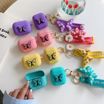 China Luxury 3D Butterfly Bowknot Silicone Girly Colorful Case for AirPods 1 2 pro with Daisy Butterfly Hanging Drop Lanyard Key Chain Strap for sale