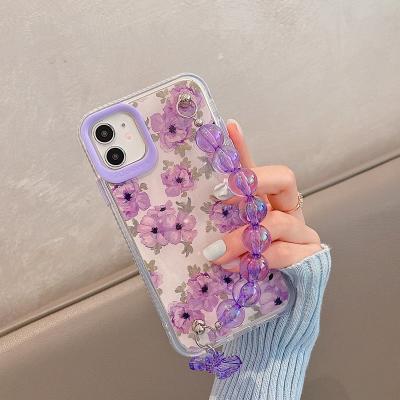 China Fashionable Luxury 3D Flower Pattern Camera Protective Phone Case With Pearl Bead Chain For iPhone 7-13 Pro Max for sale