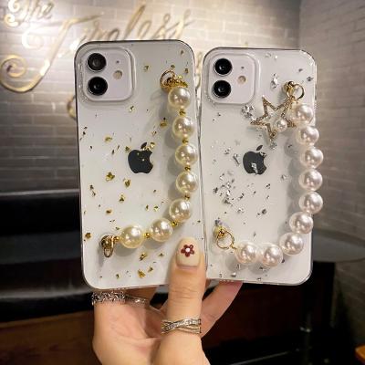 China Ultra Thin Fashion Gold Foil Glitter With Pearl Strap 360 Degree Full Coverage Drops Stick Transparent Cell Phone Case for sale