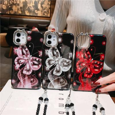 China Luxury Gorgeous Luxury Bling Diamond Designer Phone Case Cool Flash With Pearl Strap Strap For iPhone 7-13ProMax For HUAWEI for sale